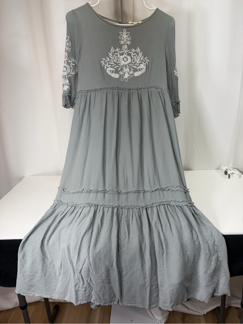 tea n rose Sage Green Maxi Dress with White Embroidered Details 4026
